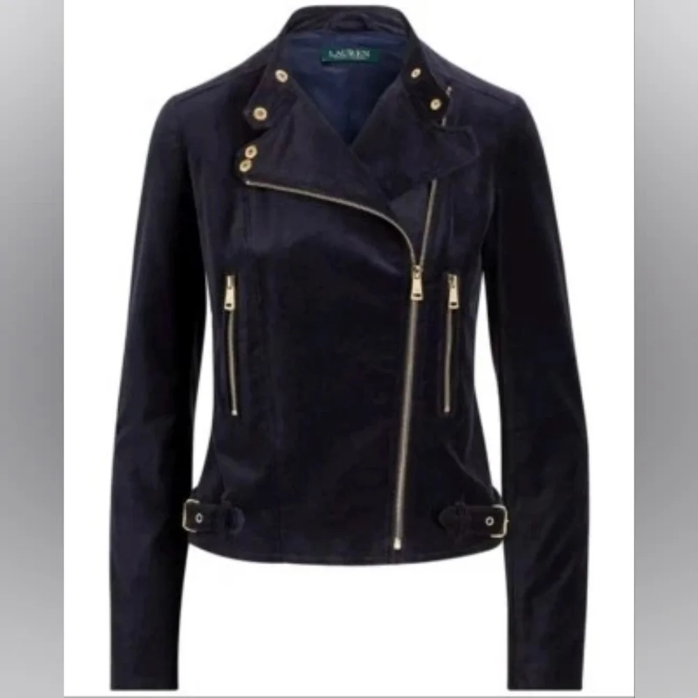 Lauren Ralph Lauren Black Velvet & Gold Sl8m Fit  Moto Jacket 16W NWOT 295$